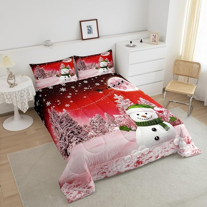 Feelyou Kids Merry Christmas Decorations Queen Size Comforter Set Xmas Snowman Bedding Set Red Quilt Set Soft Warm Lightweight Duvet Set