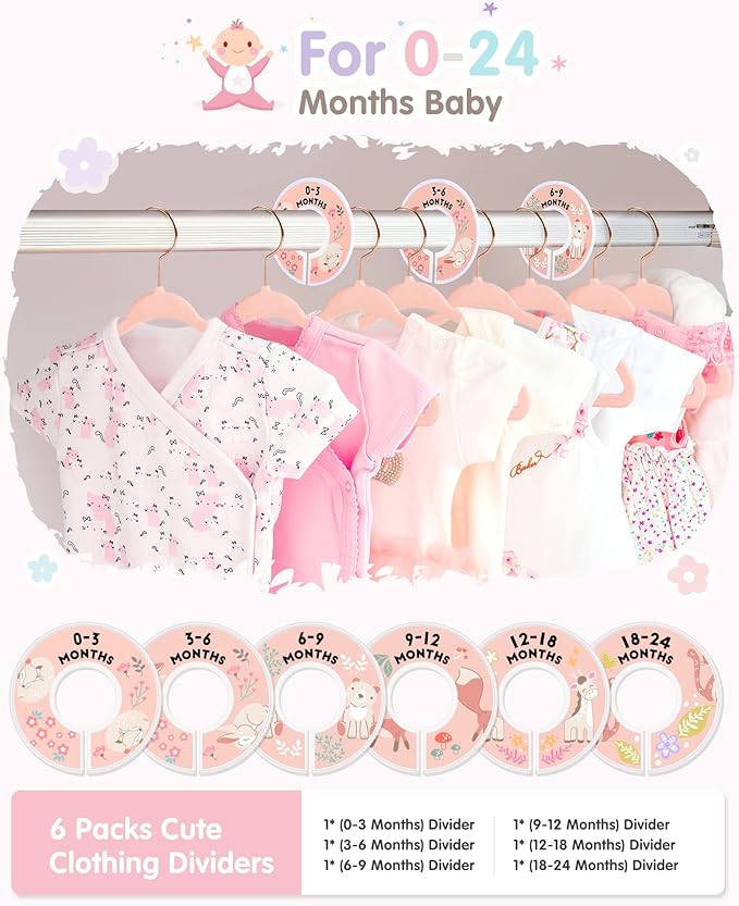 VIS'V Baby Hangers, 11 Inch Velvet Kids Hangers with 6 Pcs Clothes Size Dividers, Infant Toddler Nursery Closet Organization, Non Slip, Pink, 50 Pcs