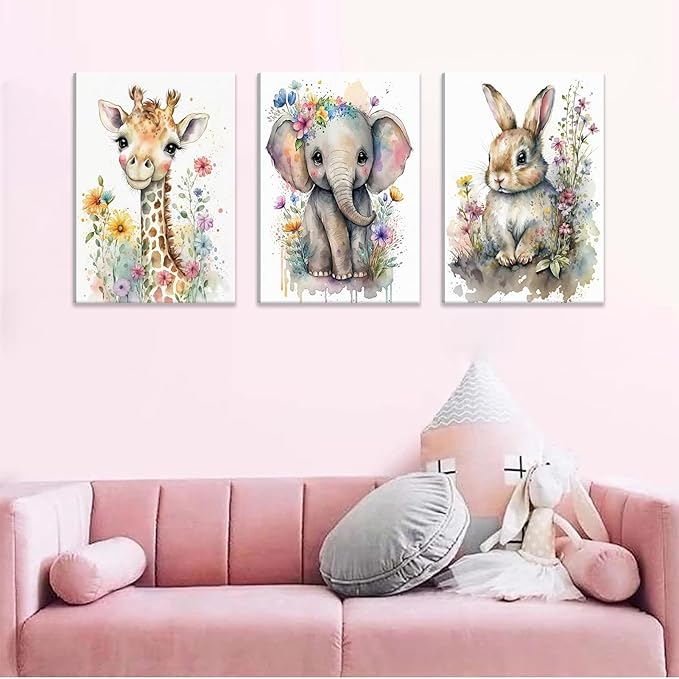 3Pcs Baby Watercolor Safari Animals Nursery Canvas Wall Art Cute Jungle Animals with Wildflower Picture Posters Wall Decor Giraffe Elephant Rabbit Painting Print Artwork for Kids Children Room 12x16in