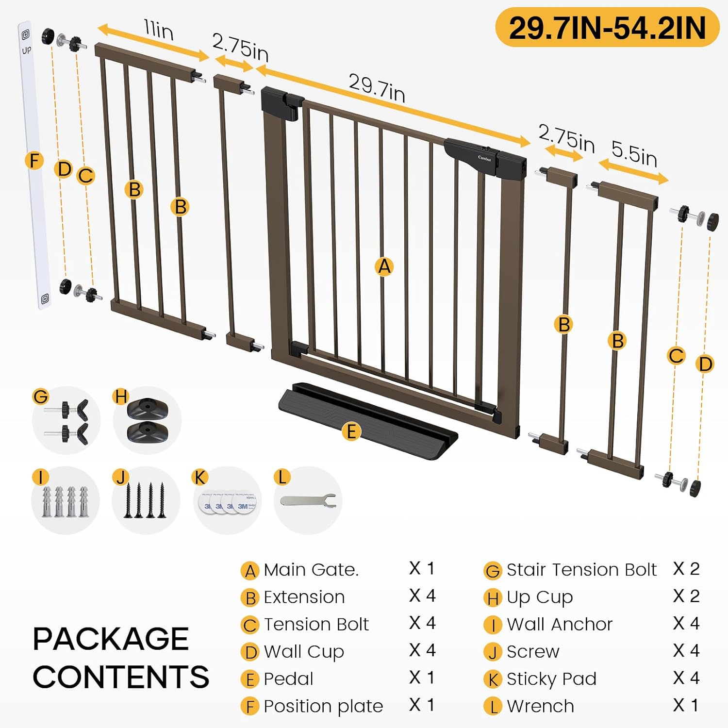 Cumbor 29.7-54.2" Wide Baby Gate for Stairs, Mom's Choice Awards Winner-Self Closing Dog Gate Indoor for Doorways, No Drilling Pressure Mounted Pet Gates for Kids, Easy Walk Through Safety Gate, Brown