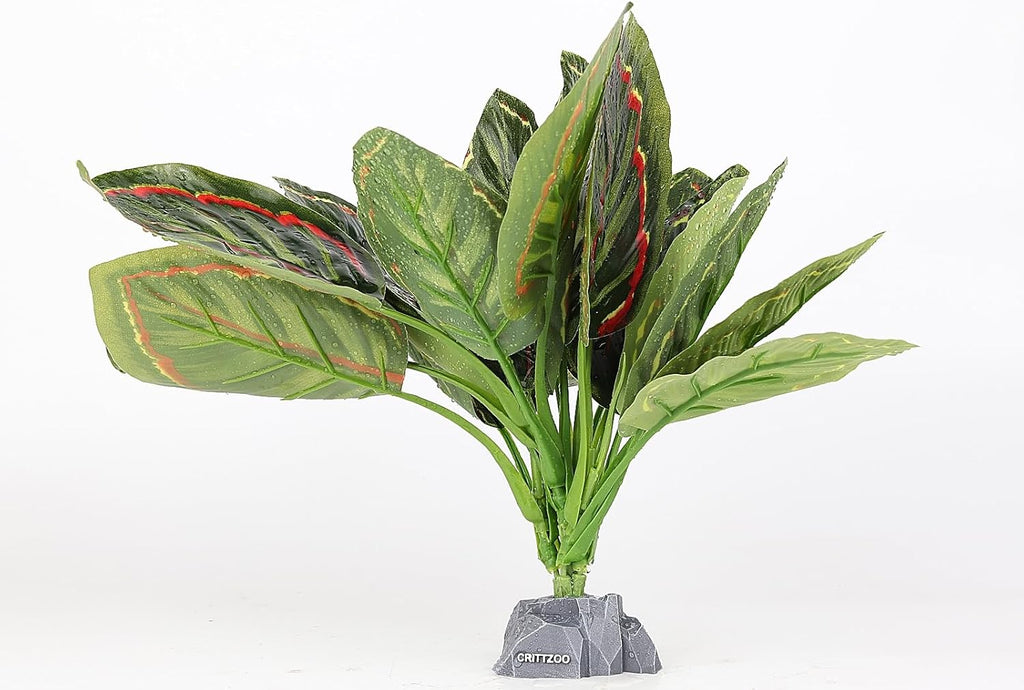 Reptile Terrarium Plants, Bearded Dragon Tank Decor Accessories For Ball Python Leopard Gecko Tree Frog Tarantula Lizard Corn Snake Tortoise Chameleon Crested Gecko - Fake Goeppertia Red Edge