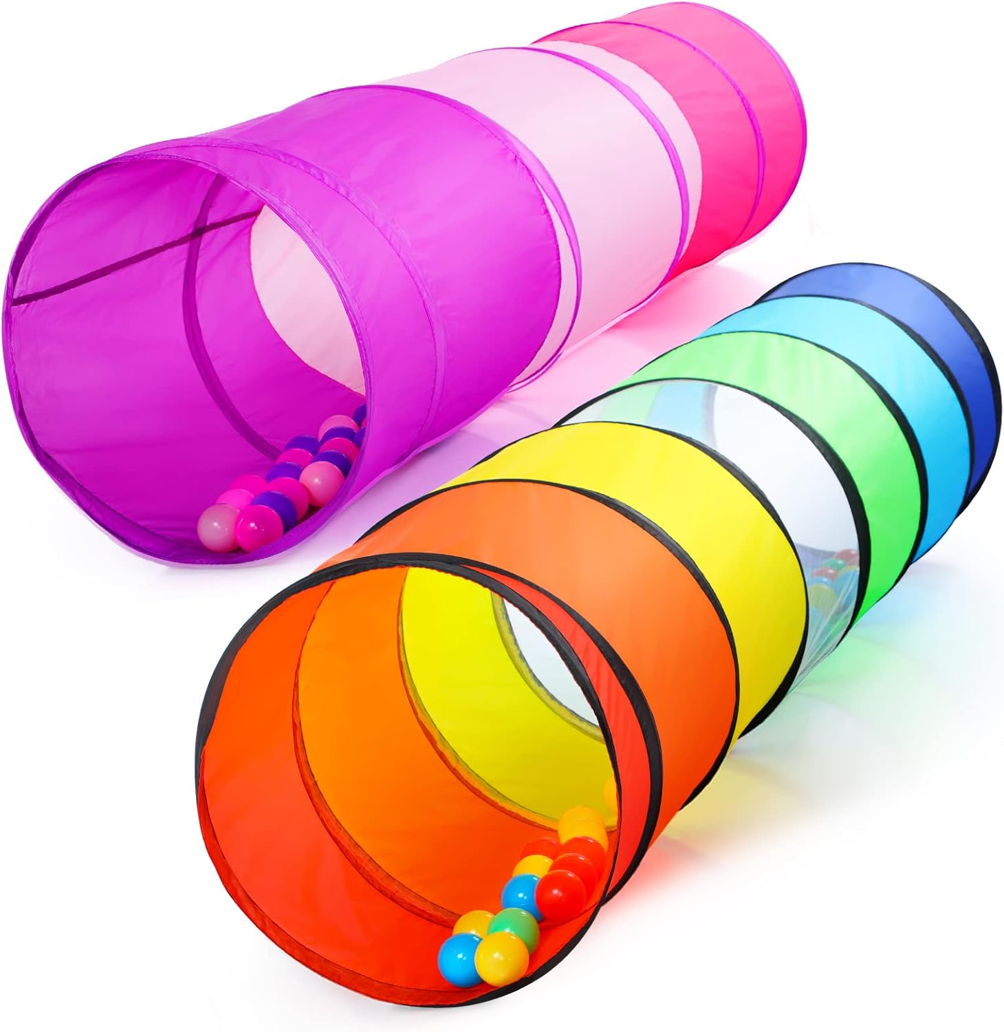 Kids Play Tunnel Tent for Toddler, 2 Pack 6-ft Pop Up Crawl Tunnel Toy for Baby Children or Dog Cat, Collapsible Gift for Boy and Girl Play Tunnel Indoor Outdoor Game (Rainbow Tunnel+Pink Tunnel)