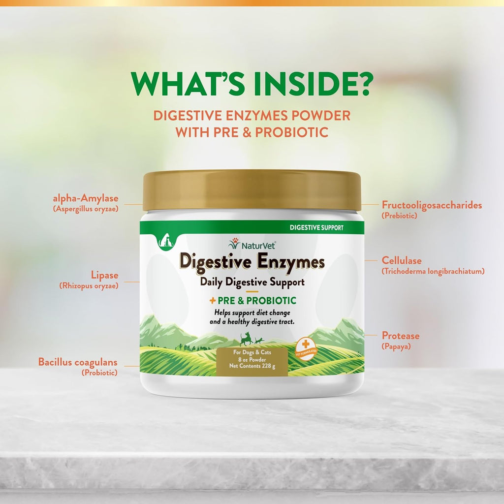 NaturVet – Digestive Enzymes for Dogs - Plus Probiotics & Prebiotics | Helps Support Diet Change & A Healthy Digestive Tract | for Dogs & Cats | 8 oz Powder