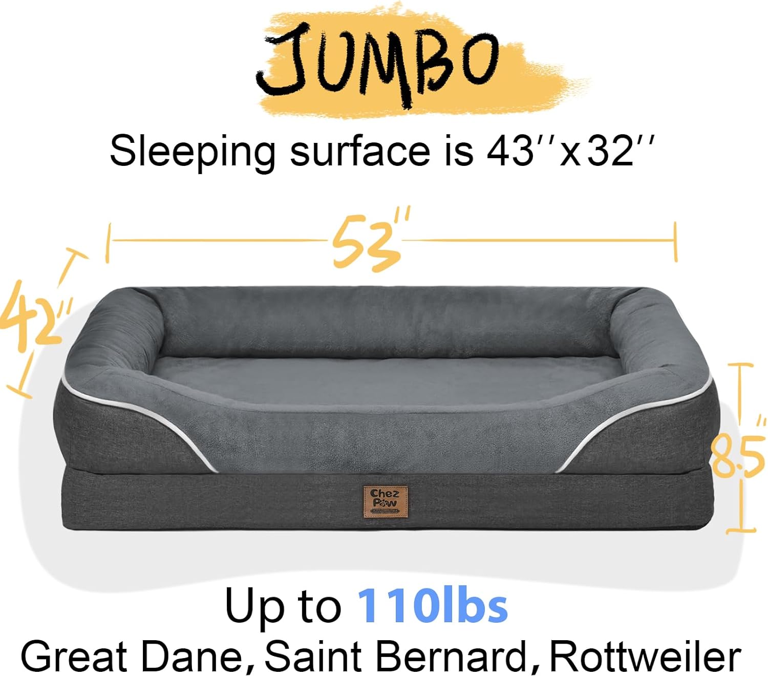 Washable Orthopedic Large Dog Bed - Removable Orthopedic Dog Beds XL with Bolster for Extra Large Dogs with Washable Cover and Non-Slip Bottom