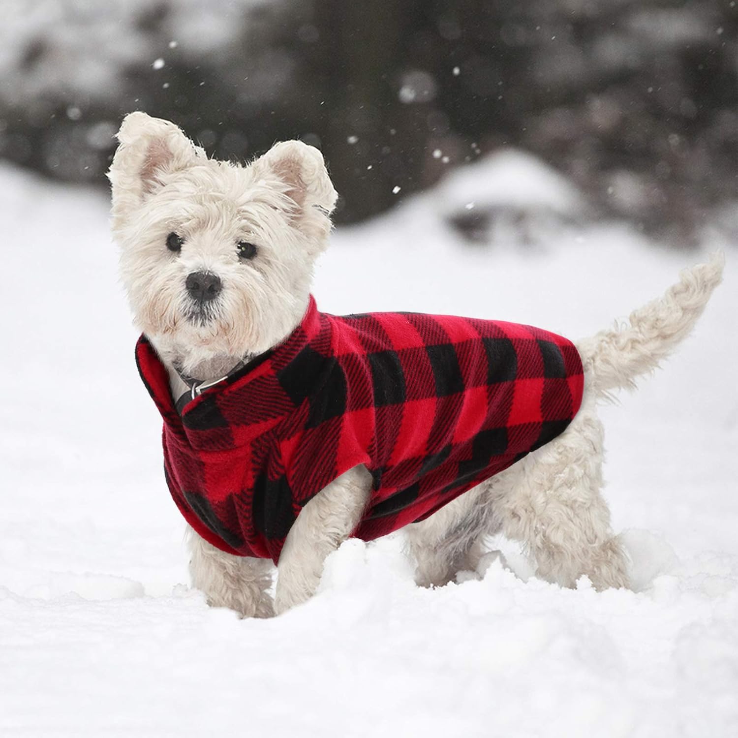 Kuoser Dog Fleece Vest,Warm Plaid Dog Sweater with Leash Hole,Soft Turtleneck Winter Pet Jacket Dogs Coat Pullover Clothes for Small Medium Dogs Cats,Spring Fall Cold Weather Christmas Outfit,Red M