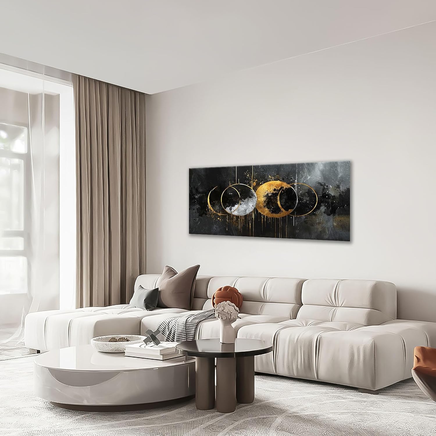 Quorin Abstract Sun Moon Large Wall Art Black and Gold Circle Pictures Sun and Moon Wall Decor Canvas Print Painting Artwork for Bathroom Living Room Bedroom 30"x60"