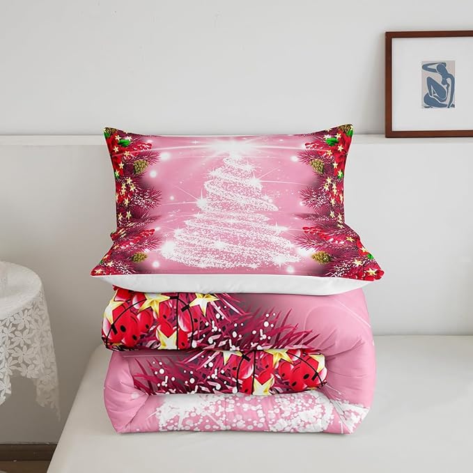 Feelyou Kids Merry Christmas Decorations Comforter Set, Kids Santa Tree Bedding Set Queen Size for Boys Girls Teens Xmas Christmas Bell Decor Comforter Glitter Pink Quilt Set