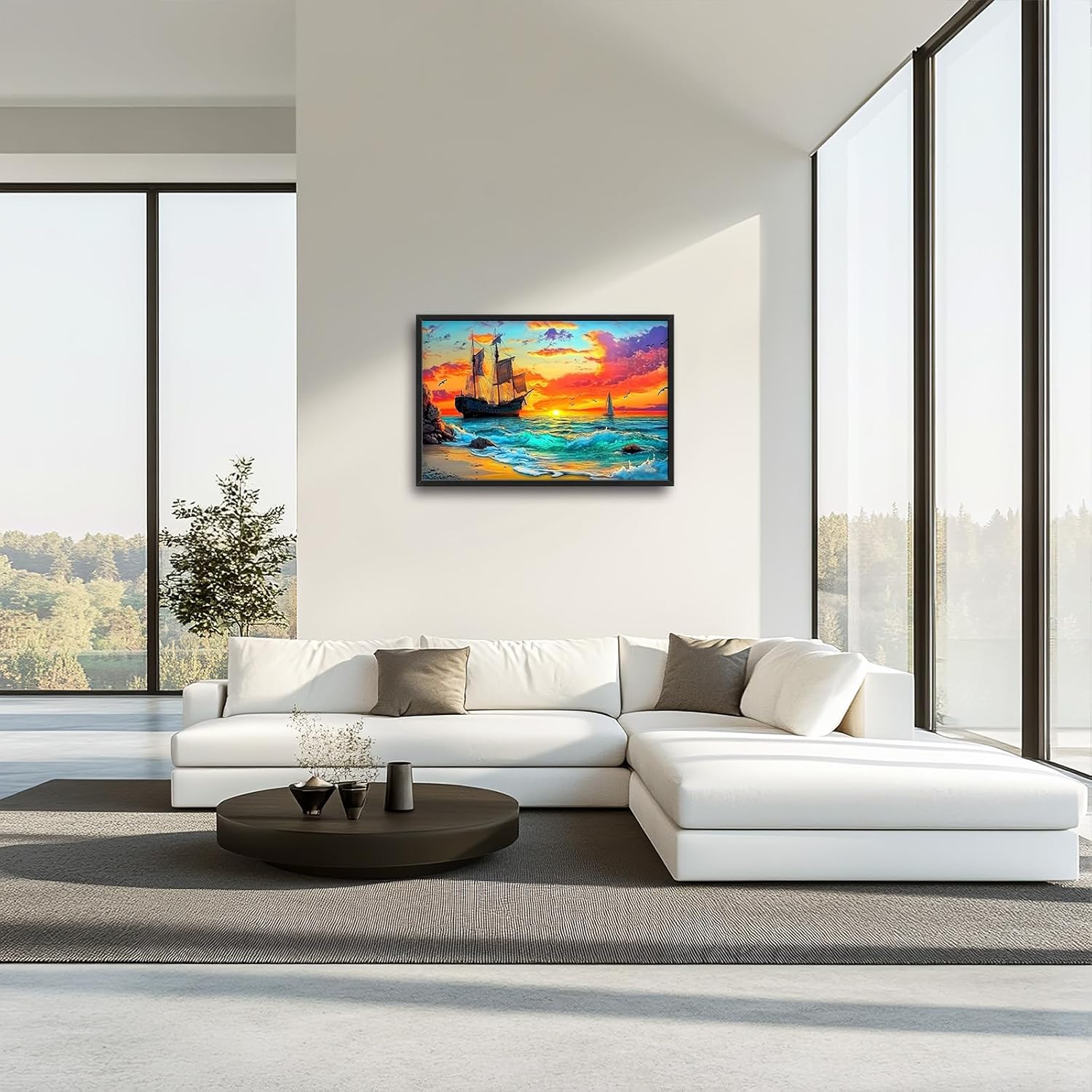Framed Large Ship Wall Art for Living Room, Oversized Coastal Beach Boat Wall Decor Nautical Seascape Sailboat Canvas Painting Modern Artwork Home Decoration for Living Room Bedroom 36"x24"