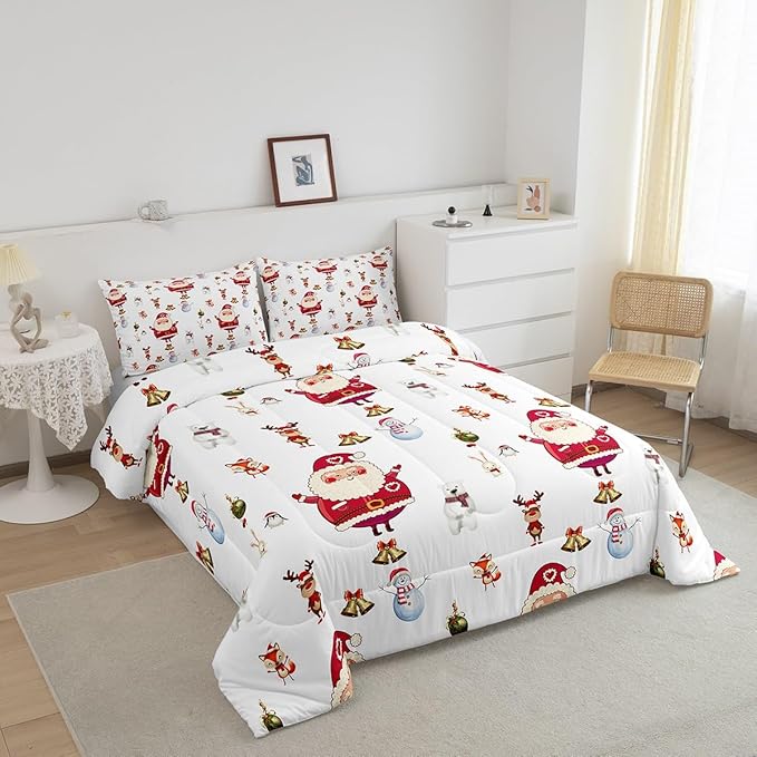 Feelyou Christmas Comforter Set Cute Snowman Santa Claus Kids Decorations Bedding Set Boys Girls Bear Rabbit Comforter Christmas Bells Design White Quilt Set with 1 Pillowcase 2Pcs Bedding Twin