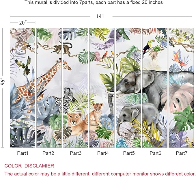 Safari Wallpaper for Kids with Animals Jungle Wall Mural Watercolor Animals Nursery Wallpaper Children Room Decor (Not Peel n' Stick)