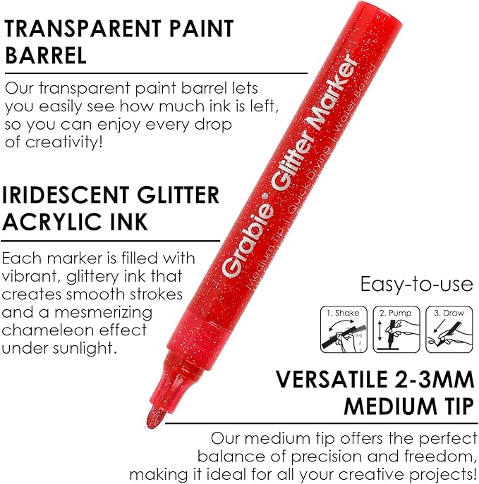 Grabie 24 Glitter Metallic Markers, Medium Tip Glitter Acrylic Paint Markers, Quick-Drying Water-based Ink Glitter Pens for Adults, DIY Crafts Making, Set of 24