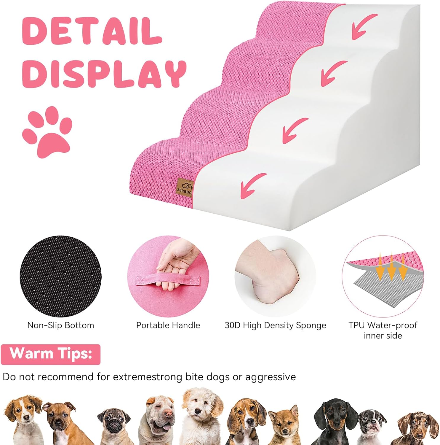 Dog Ramp and Stair for Bed 16" H-20 H,3-Step Cat Stair for Sofa and Chair,4-Step Dog Ramp for High Bed and Window,Durable Nonslip Fabric Cover for Indoor (Pink-20 H, Pet Friendly, 4)
