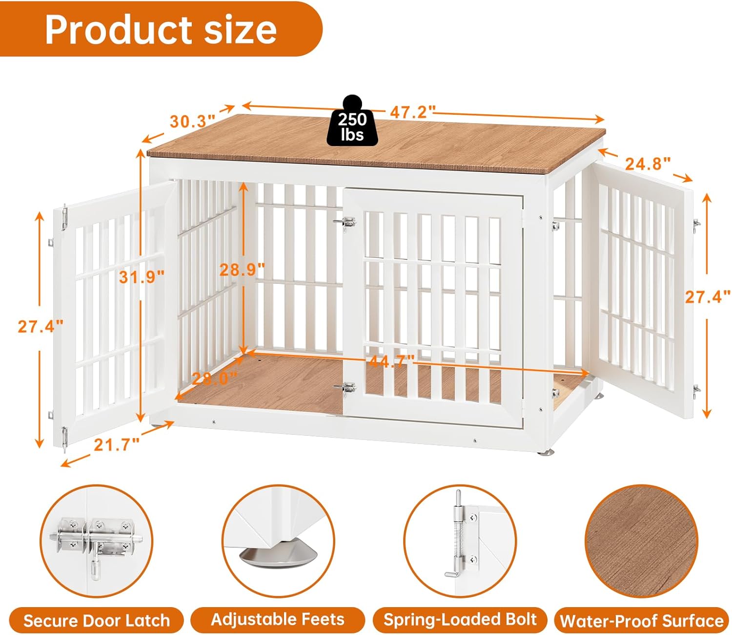 48" Heavy Duty Dog Crate Furniture for Small,Medium and Large Dogs,Rustic Wooden Dog Cage Kennel Indoor Furniture with Waterproof Top,Decorative Pet House Side End Table (White & Wood)