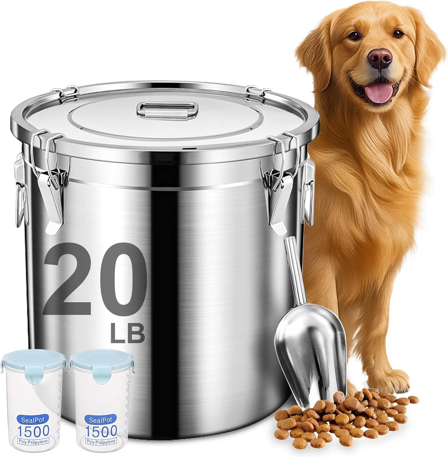 Dog Food Storage Containers, Large Stainless Steel Pet Food Storage Containers 20 lb / 9 kg to Keep Fresh, Metal Airtight Cat Food Containers With Scoop and 2 Small Containers