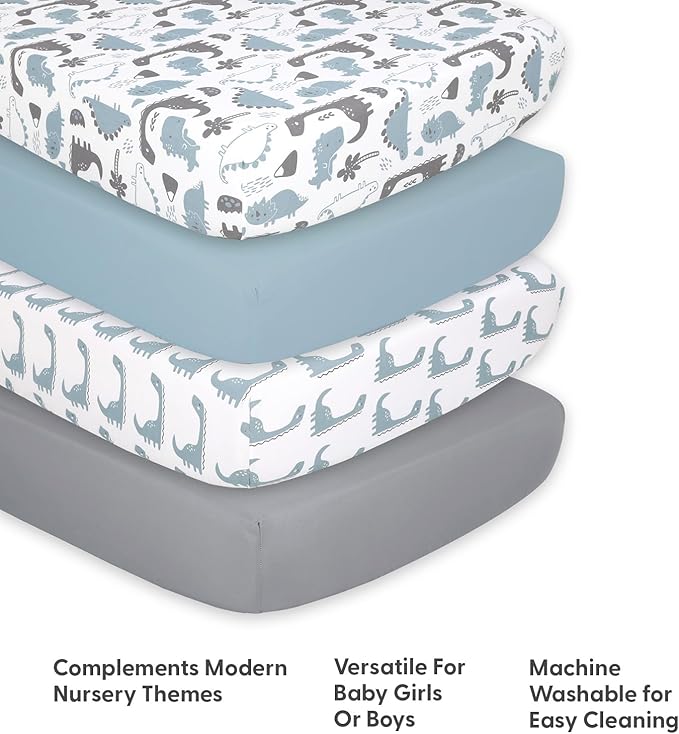 The Peanutshell 4-Pack Fitted Crib Sheet Set - Super Soft & Breathable Baby Boy Crib Sheets, Nursery Decor, Fit for Standard Mattress Cover- Dinosaur