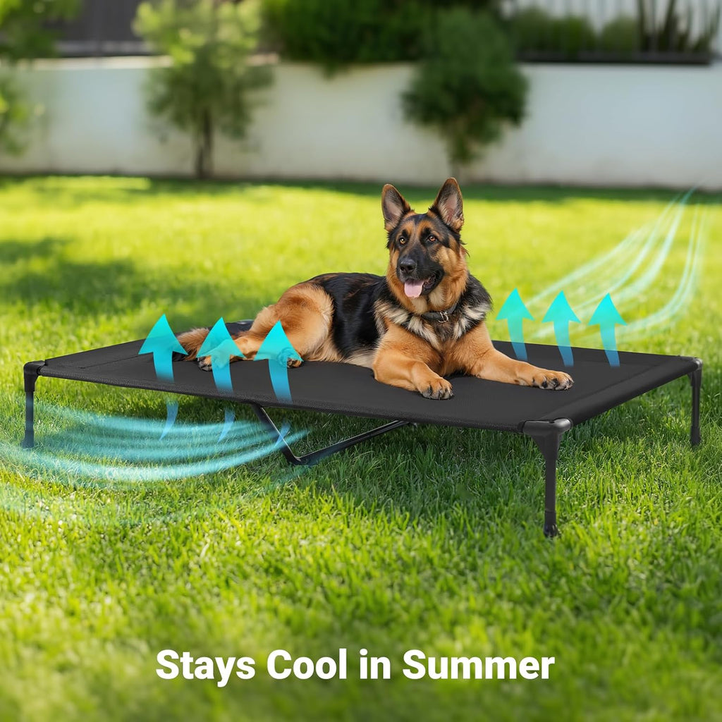 Veehoo Outdoor Elevated Dog Cot Bed, Cooling Raised Pet Bed for X-Large Dog, Washable Breathable Mesh Hammock Bed with No-Slip Feet, Indestructible Ground Off Training Platform Cot-49"x33"Beige Coffee