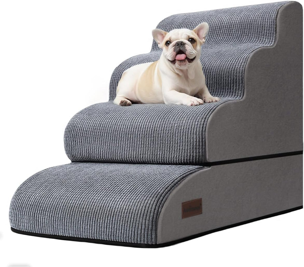 4-Step Dog Stairs and Ramp for Beds or Couches – Non-Slip Sturdy Pet Steps for Small Dogs and Cats,21" H,Grey