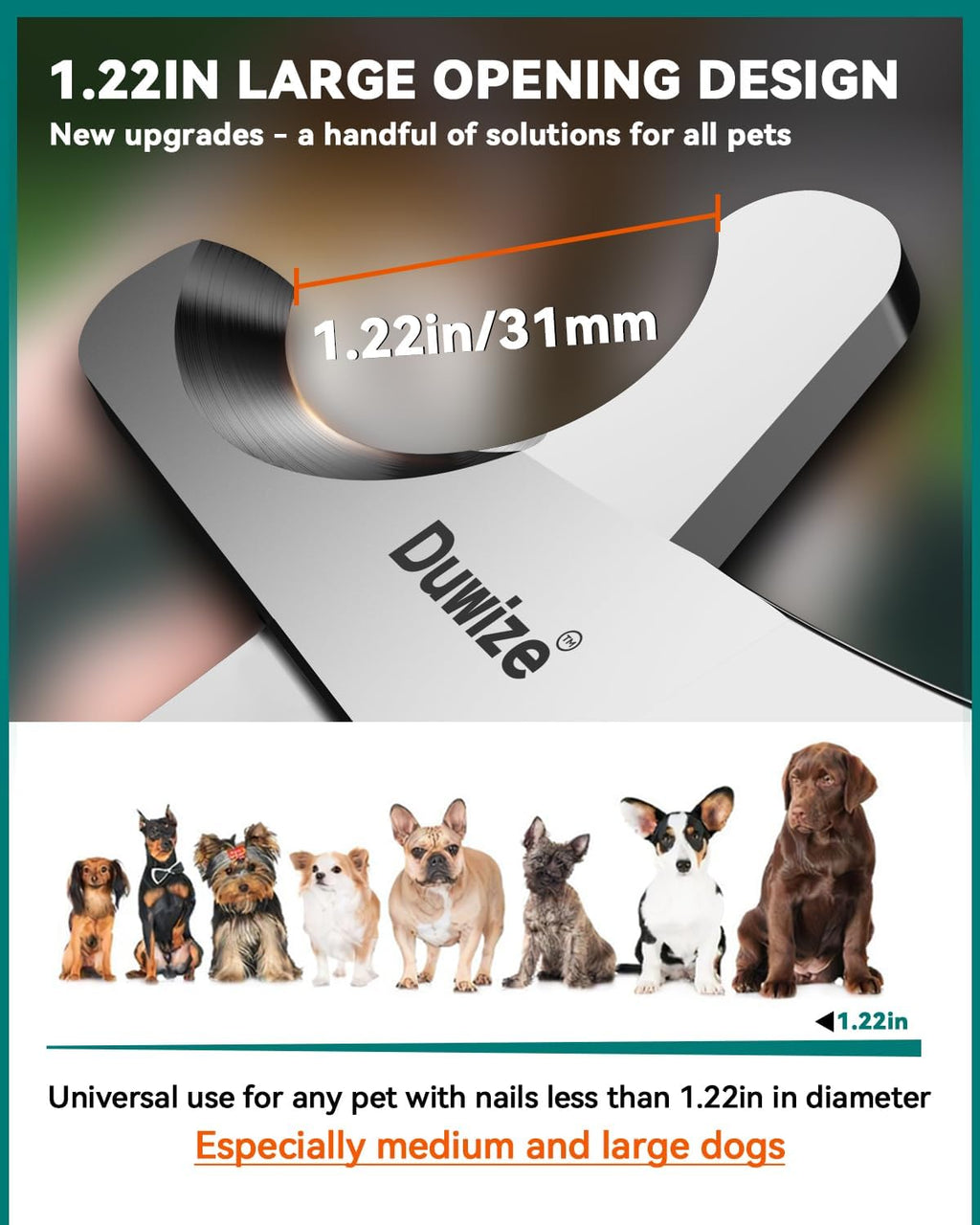 Dog Nail Clippers - All Steel Material, 1.22-Inch Large Opening, Built-in Spring, No Fur Pinch, for Medium to Large Dogs and Cats, Professional Pet Nail Trimmers, with Free Nail File