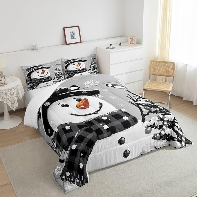 Feelyou Kids Christmas Theme Decorations Bedding Set Xmas Snowman Comforter Set for Boys Girls Snowflake Kawaii Cute Grey Bedroom Collection Full Size