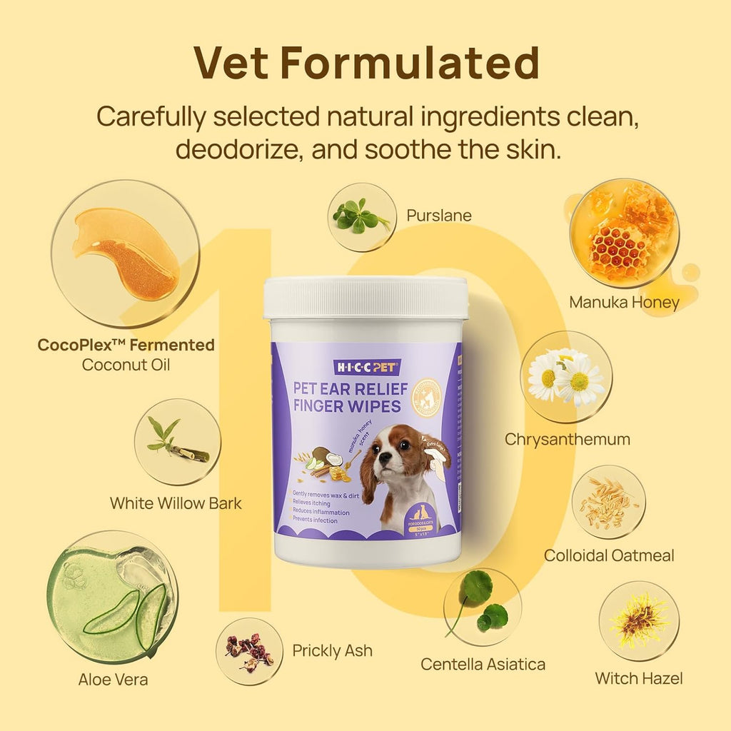 HICC PET Dog Ear Wipes Finger 50 Count Dog Ear Cleaner Wipes for Dogs & Cats, Dog Ear Infection Treatment to Relieve Ear Itching & Inflammation, Remove Ear Wax, Dirt, Smelly - Honey Scent