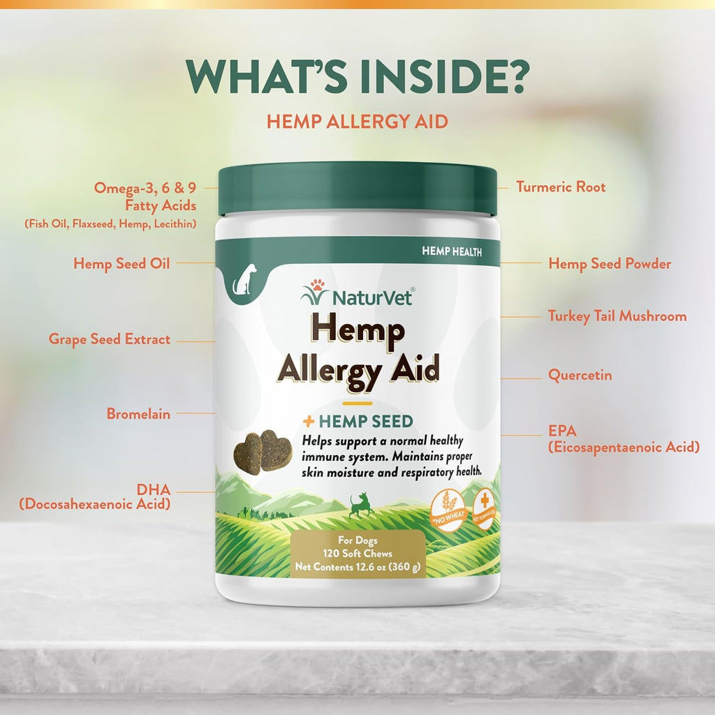 NaturVet Hemp Allergy Aid Supplement for Dogs, Hemp Seed, Antioxidants, Omegas, Dha & Epa for Healthy Skin & Respiratory Health, 120 Count