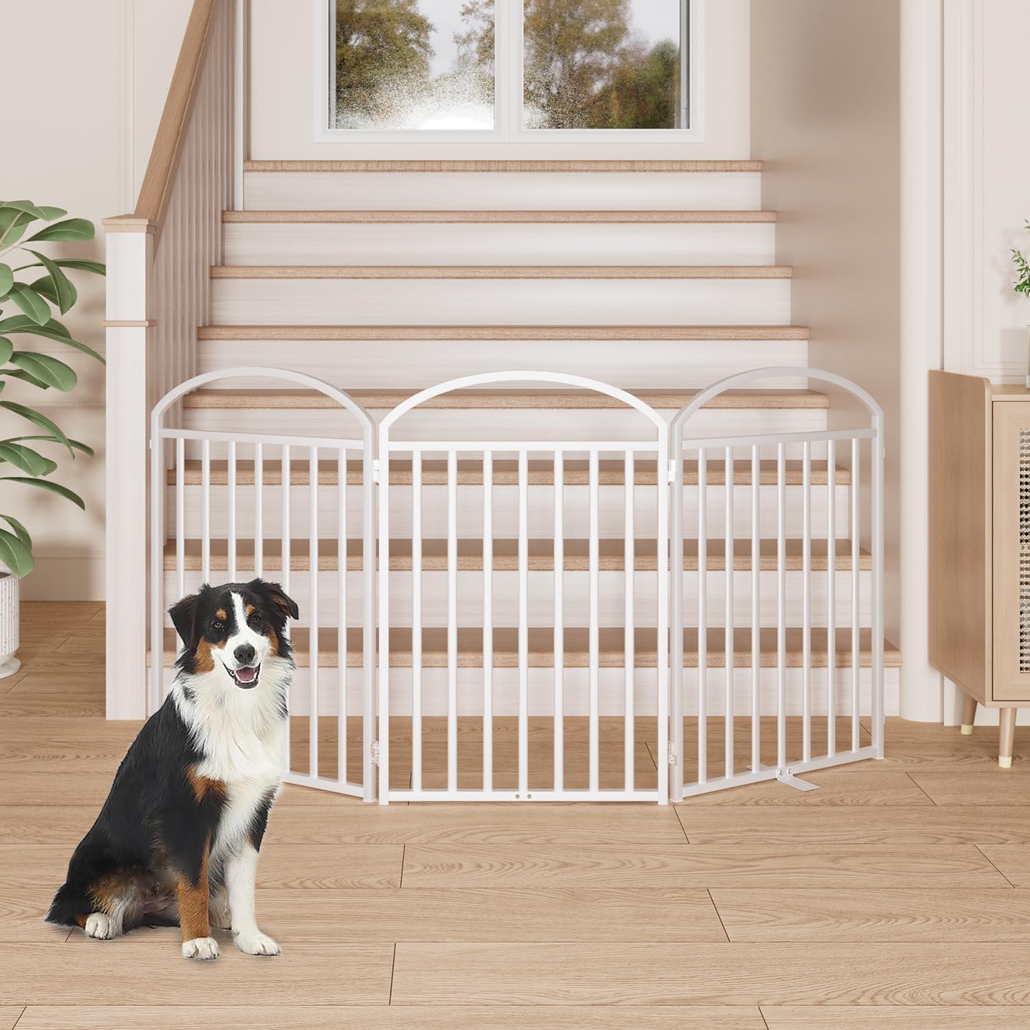 3 Panles Full Matel Freestanding Dog Gates with Door, 72"Extra Wide 32"Tall Free Standing Dog Pet Gate for Indoor & Outdoor. Foldable Pet Fences for Doorways, House, Stairs, Porch, Deck, Yard