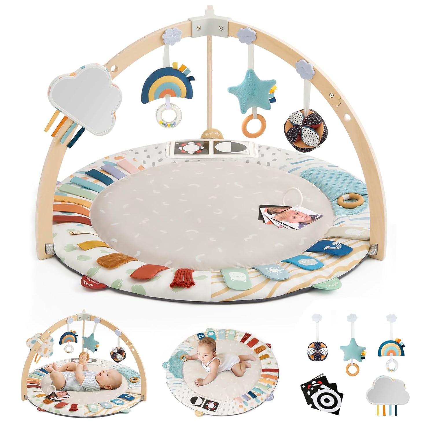 Blissful Diary Baby Play Gym & Activity Mat, 5 Developmental Zones Wooden Tummy Time Mat with 5 Detachable Sensory Toys for Motor Skills & Sensory Development, Baby Essentials Shower Gift