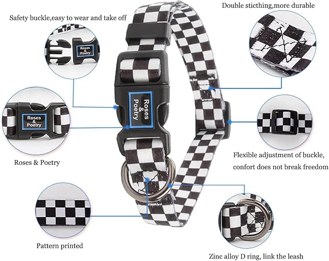 Roses&Poetry Dog Collar with Colourful Checkered Patterns, Adjustable Durable - Image 3