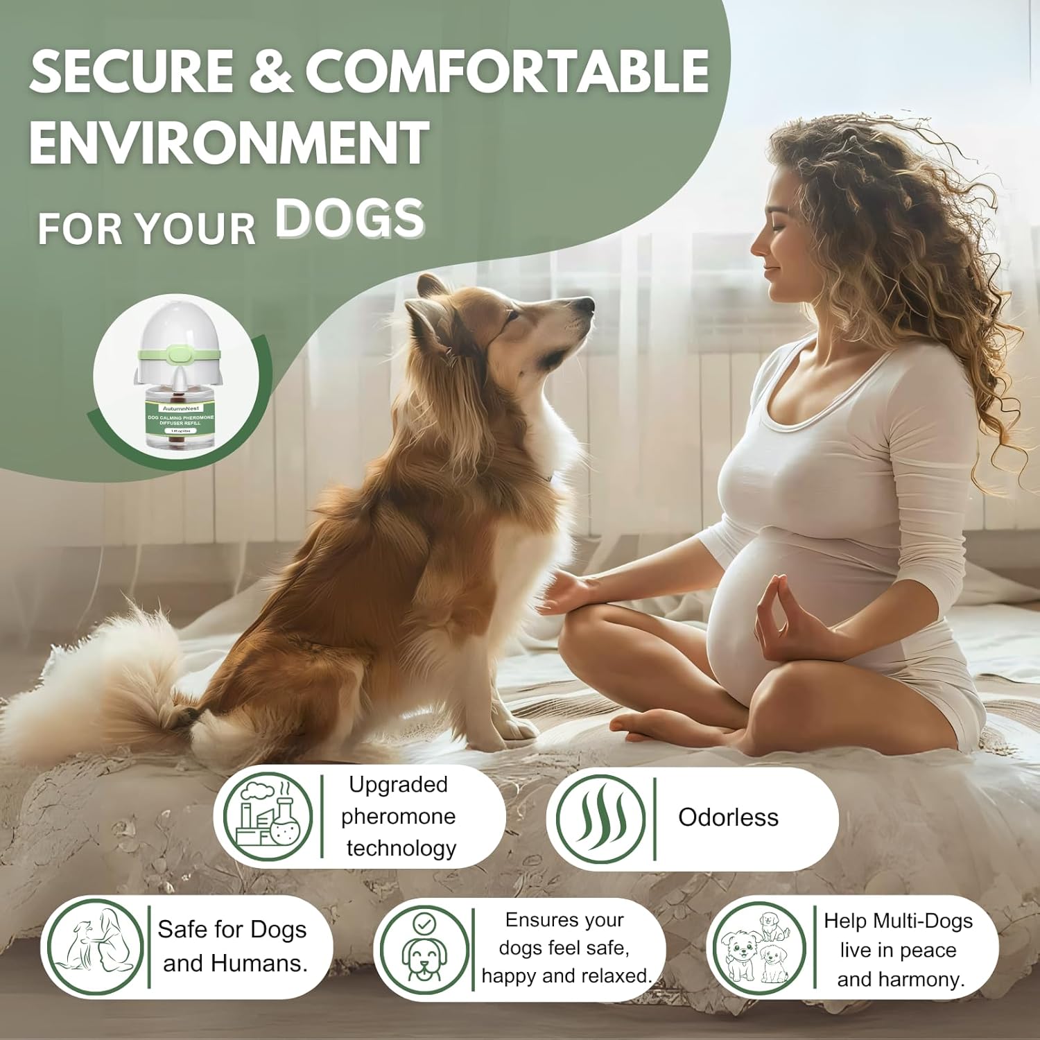 Dog Calming Pheromone Diffuser Kit, Pet Diffuser for Stress Support, Reduces Stress and Promotes Relaxed Behavior, 2 Plug-in & 4 Packs Refill, 120 Day Supply (Non-Toxic, Safe & Inedible), with Light