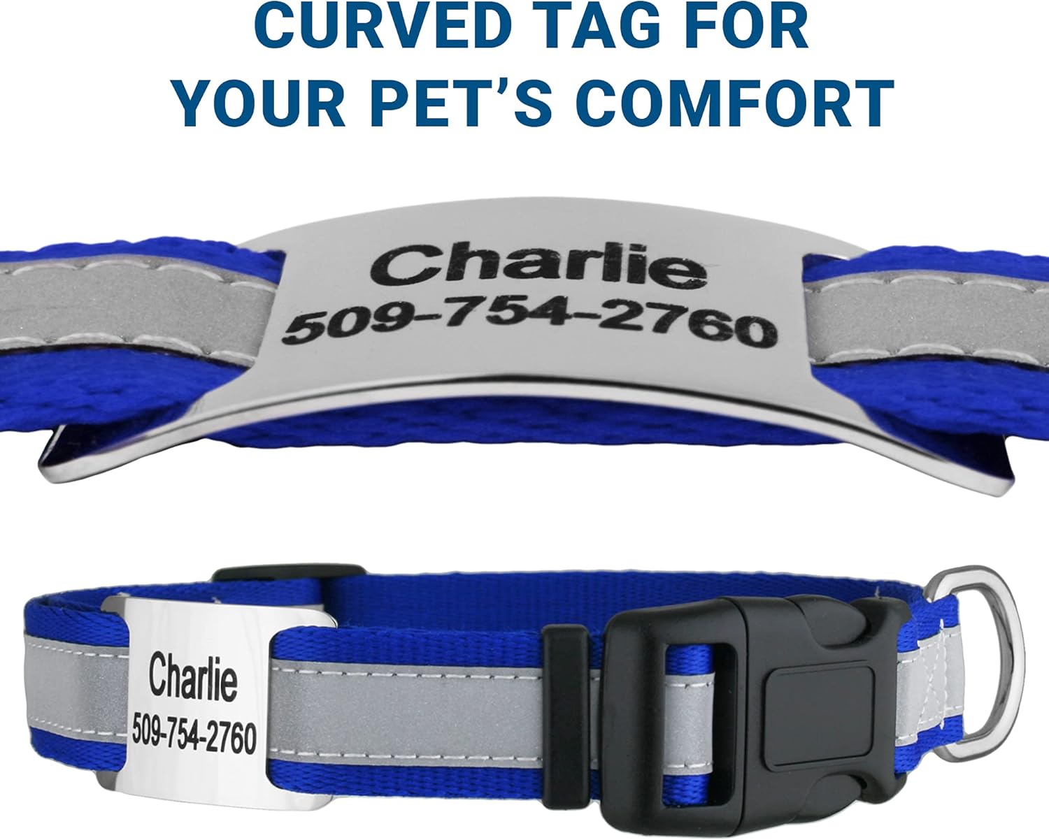GoTags Reflective Personalized Dog Collar with Nameplate, Adjustable Dog Collar with Custom Engraved Steel Slide On Pet ID Tag, Silent, No Noise Dog Tag for Large Medium or Small (Blue, Large)