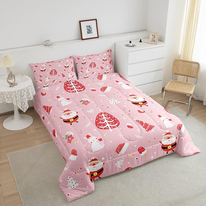 Feelyou Santa Claus Bedding Set Cute Rabbit Kawaii Pink Comforter for Kids Boys Girls Decor Merry Christmas Comforter Set Girly Pink Quilt Set Bedroom Collection 3Pcs King Size