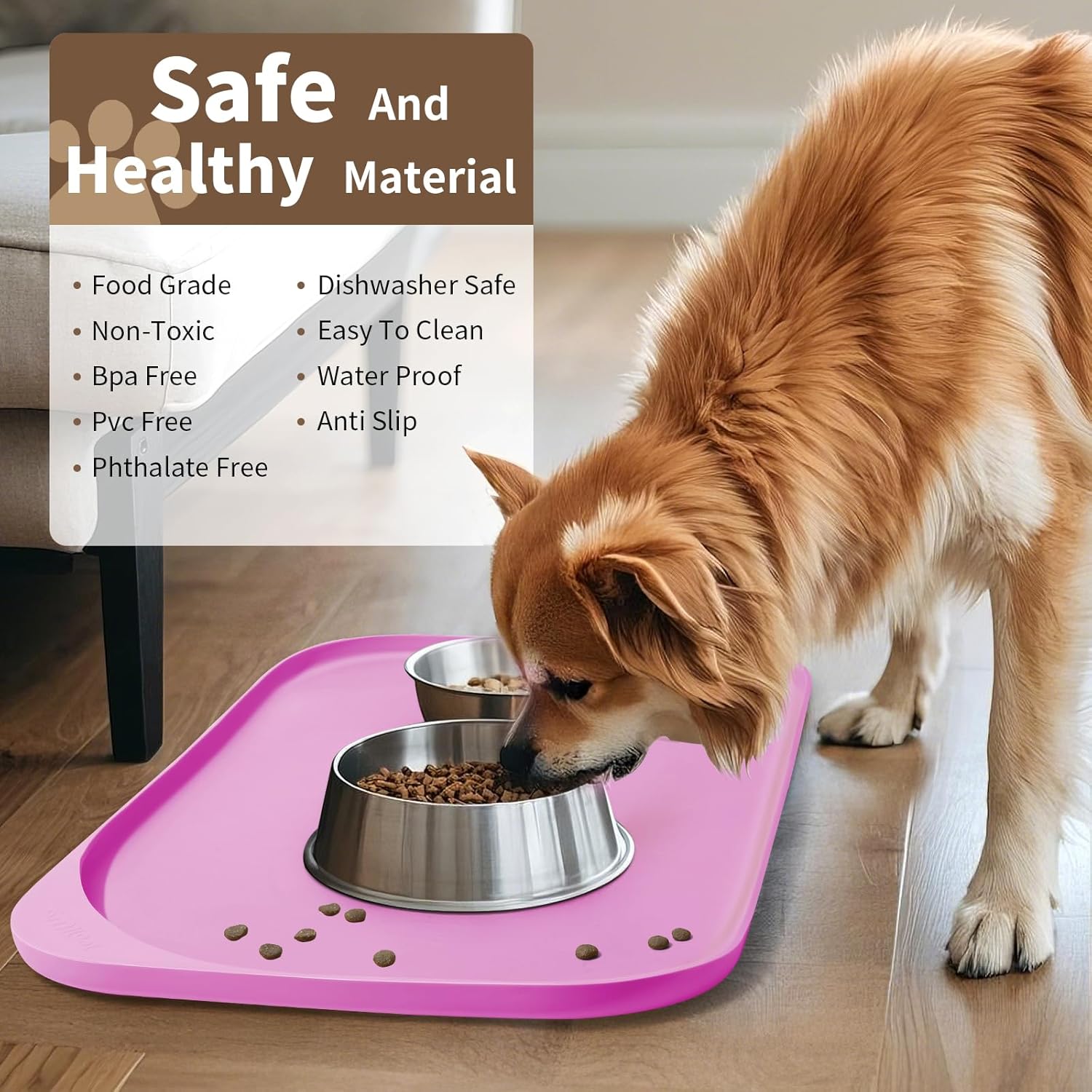 Silicone Pet Feeding Mat with Raised Edge & Residue Collection Pocket for Food and Water, Dog Bowl Mats, Cat Bowls Placemat with High Lip for Floor Waterproof, 22 x 14 x 0.8 Pink