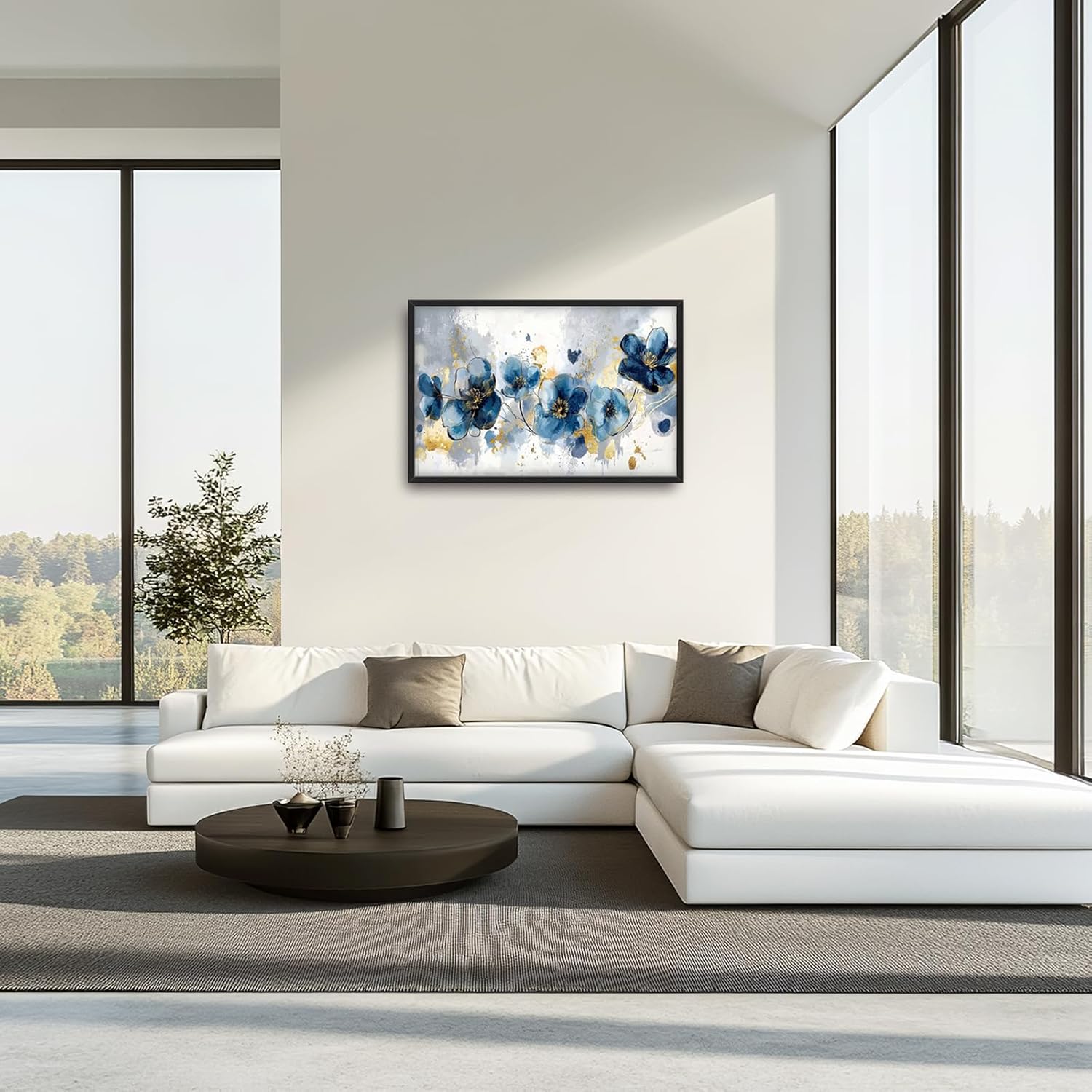 Extra Large Framed Abstract Blue Flower Wall Art,Oversized Golden Grey Floral Wall Decor Pictures for Living Room,Canvas Print Painting Modern Artwork Bedroom Office Bathroom Home Decor 36L" x 24W"