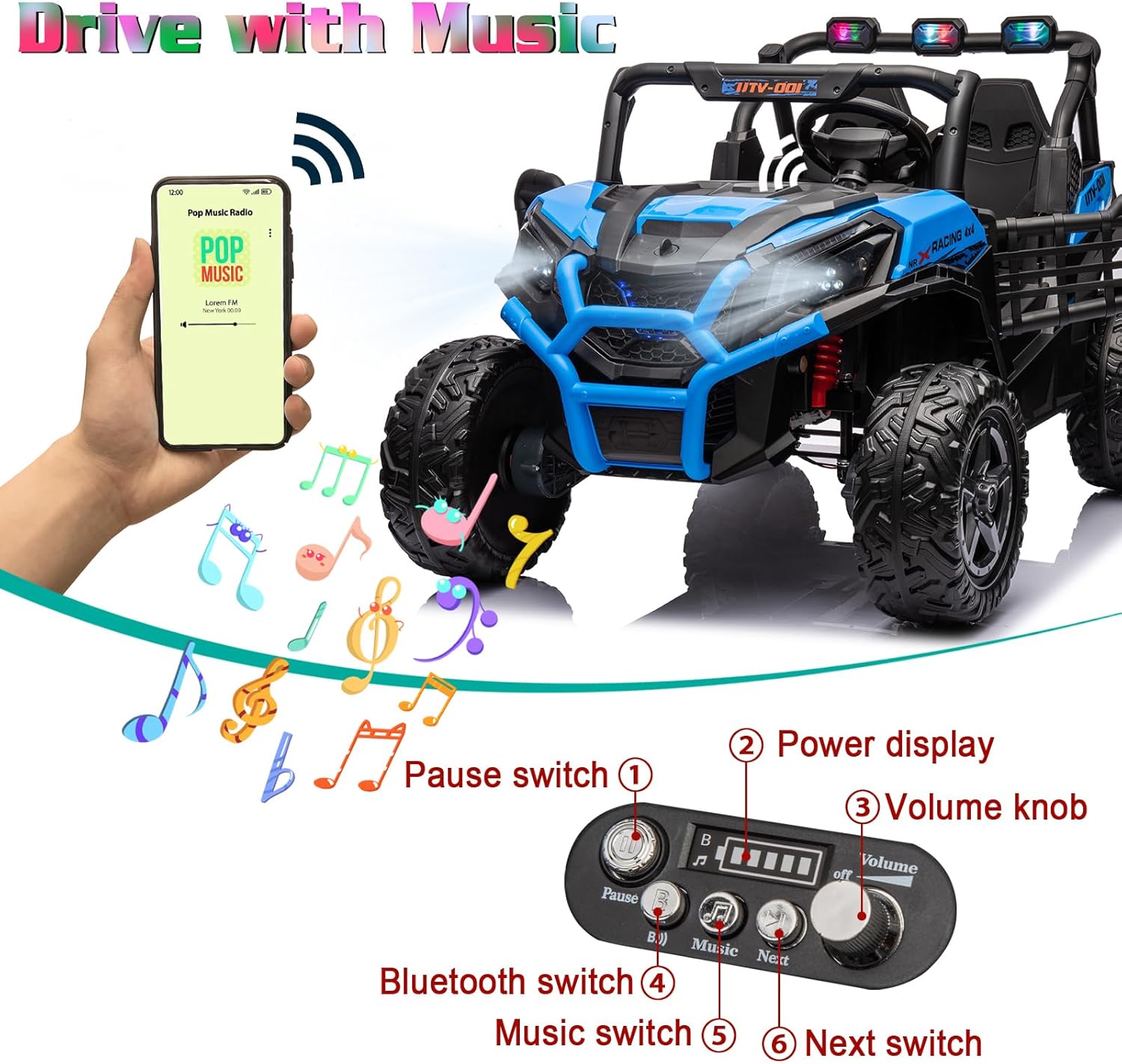4WD Ride On Car with Remote Control,24V 2Seater Kids Electric Toy Off-Road Truck for Kids,Ride on Buggy for Side by Side(Blue)
