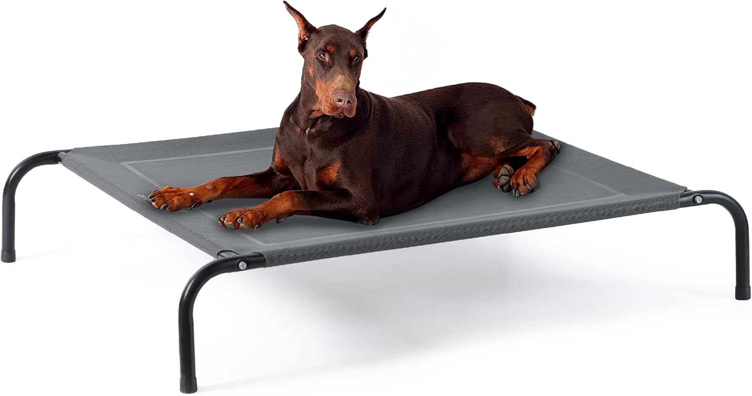Bedsure Outdoor Elevated XL Dog Bed, Portable Indoor & Outdoor Cooling Raised Cot Pet Hammock Bed with Skid-Resistant Feet, Frame with Breathable Mesh, Grey, 54 inches