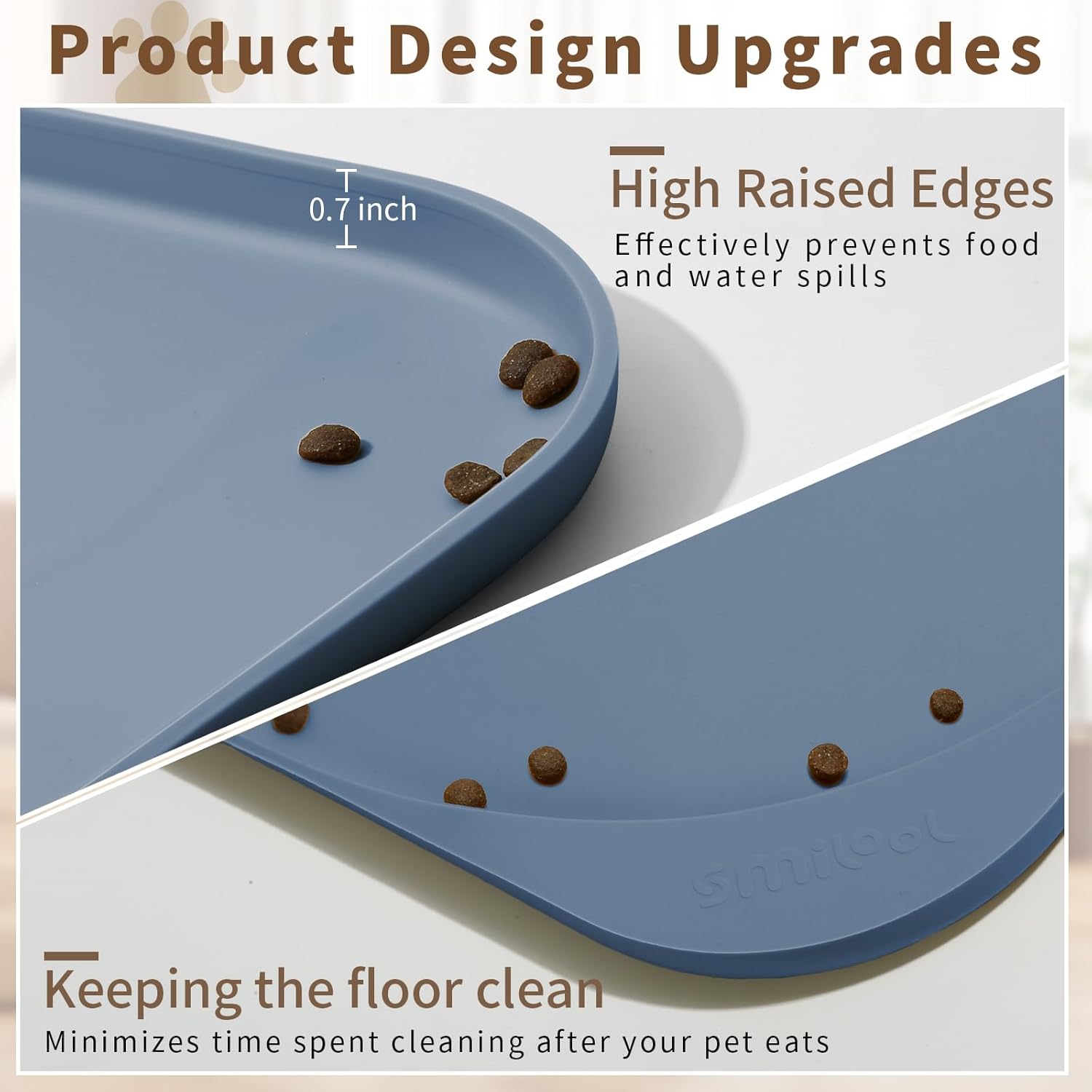 Silicone Pet Feeding Mat with Raised Edge & Residue Collection Pocket for Food and Water, Dog Bowl Mats, Cat Bowls Placemat with High Lip for Floor Waterproof, 19 x 12 x 0.7 Slate Blue