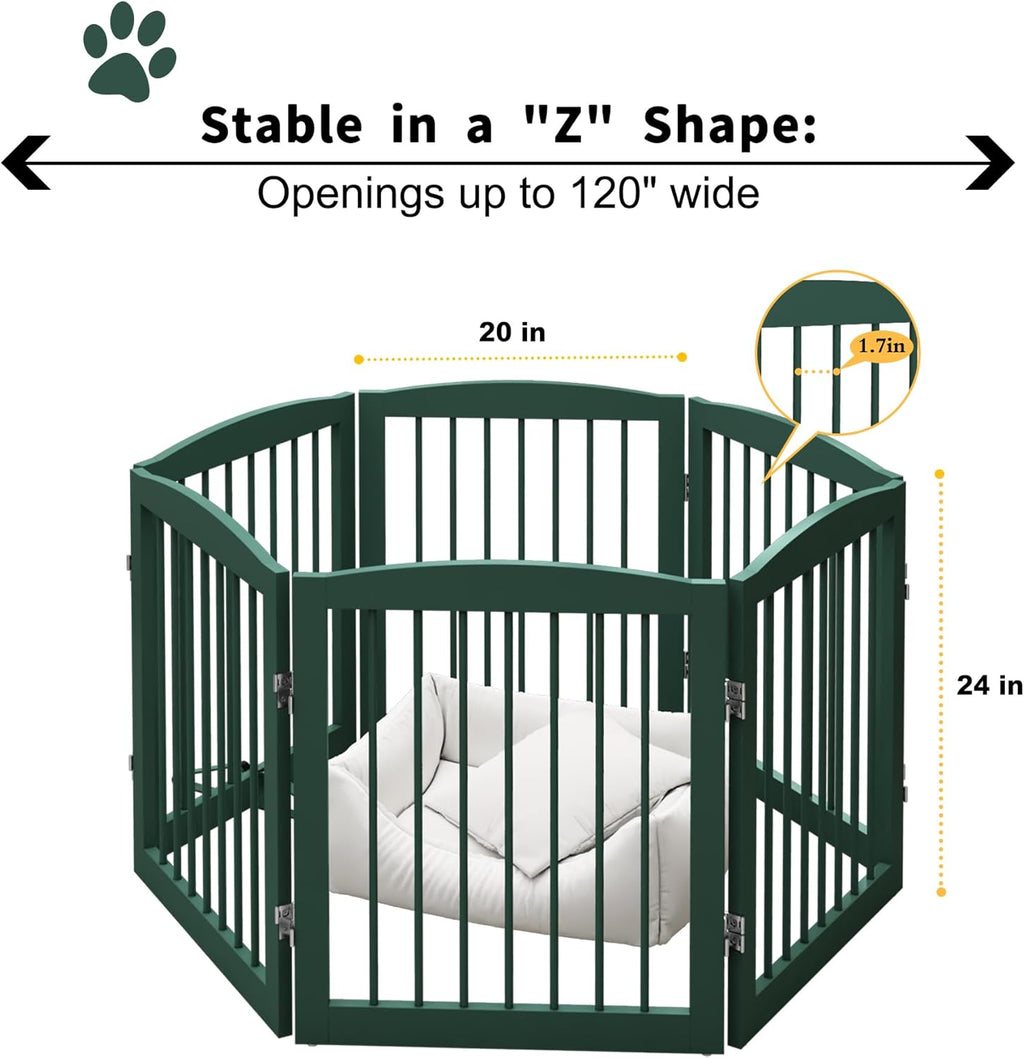 Freestanding Pet Gate for Dogs, Foldable Wooden Dog Gate for House, Extra Wide Indoor Pet Barrier for Stair, Doorway, Hall, Support Feet Included, 120 Inch Wide, 6 Panels 24",Green
