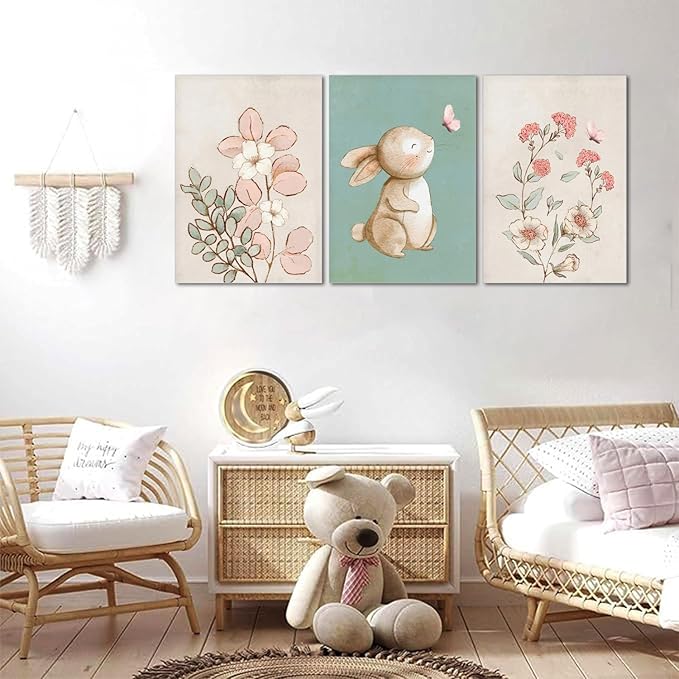 Dytila Framed Nursery Wall Art Set of 3, Pink Flower Botanical Pictures Wall Decor, Green Bunny Paintings, Cute Animal Canvas Prints for Girls and Boys Kids Room, Baby Room Decor 12x16 Inches