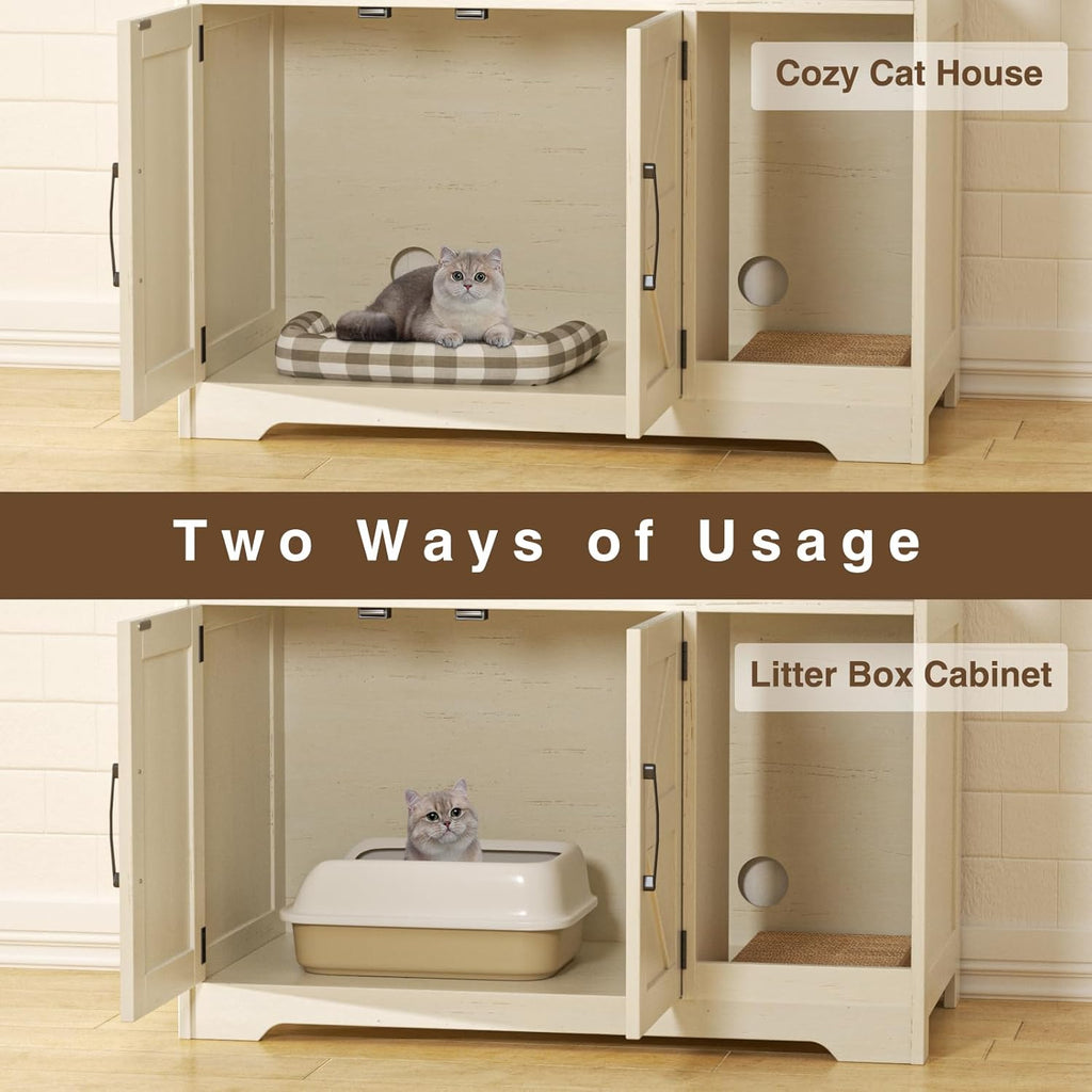 Cat Litter Box Enclosure, Hidden Litter Box Furniture with Scratch Pad, Farmhouse Indoor Cat House Washroom End Table, White