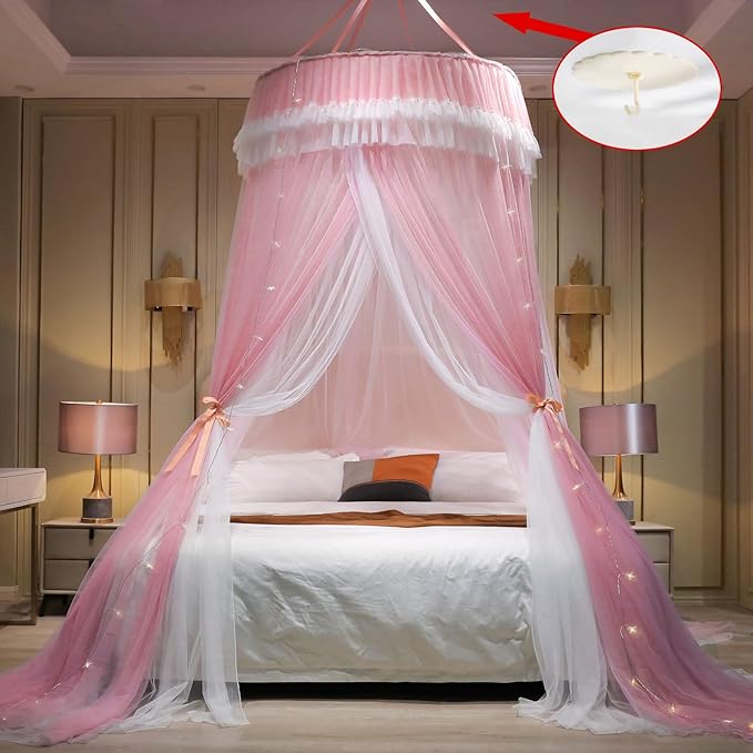 AIKASY Girls and Adults Canopy Bed, Elegant Double-Layer Bed Curtain, Children's Dream Round Lace Mosquito Net, Princess Canopy Net - Fits Twin, Full, Queen, and King Beds (White/Pink)