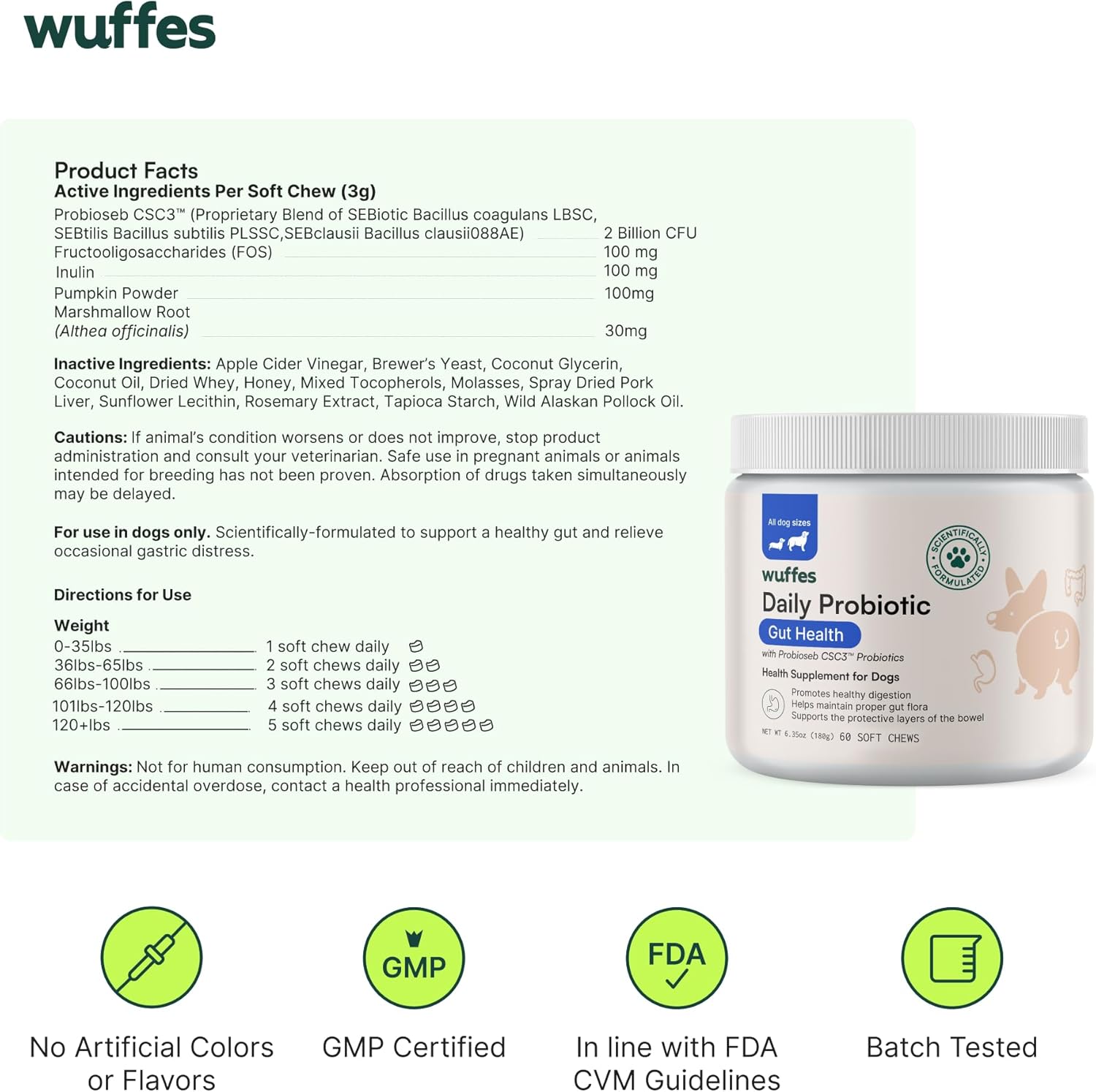 Wuffes Daily Probiotic for Dogs - Supports Digestive Health, Gut Balance, and Immune System - with Prebiotics, Marshmallow Root, and Pumpkin Powder - 60 Soft Chews