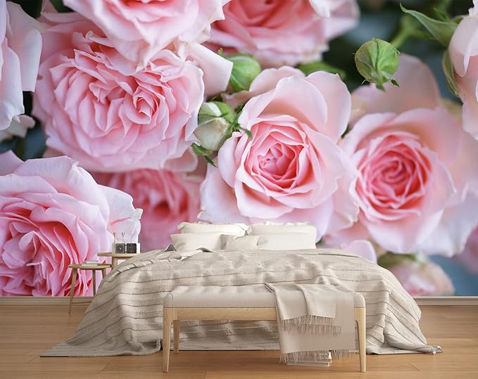 Soft Pink Roses Wall Mural Wallpaper for Bedroom Living Room Nursery (Not Peel n' Stick)
