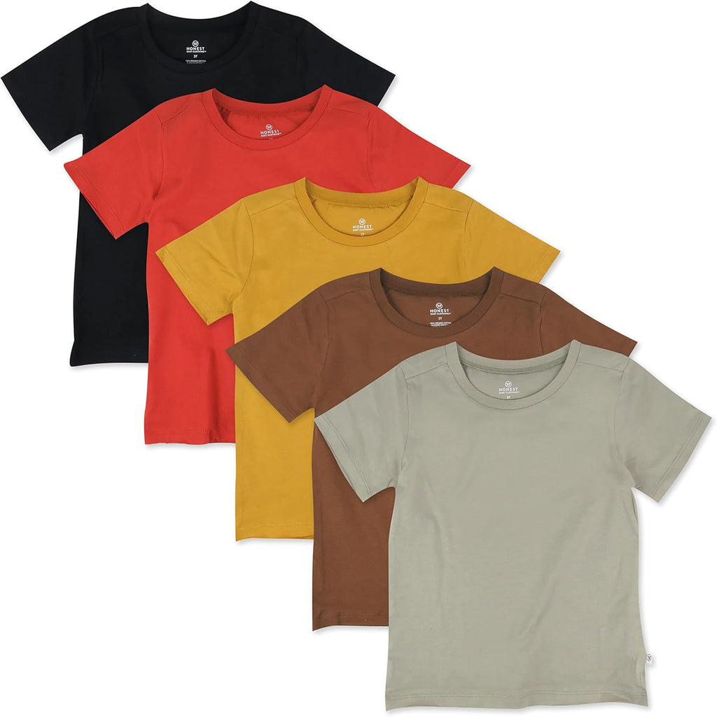 HonestBaby 5-Pack Short Sleeve T-Shirts 100% Organic Cotton Baby, Toddler, Little Kid, Boy, Girl, Unisex