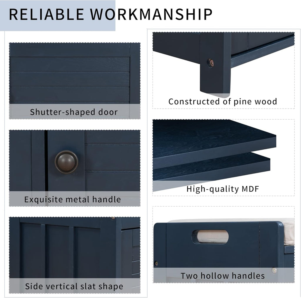 Storage Bench with 3 Shutter-Shaped Doors, Pine Wood Shoe Bench with Removable Cushion and Hidden Storage Space for Entryway Living Room 43.5" L * 16" W * 18" H, Antique Navy