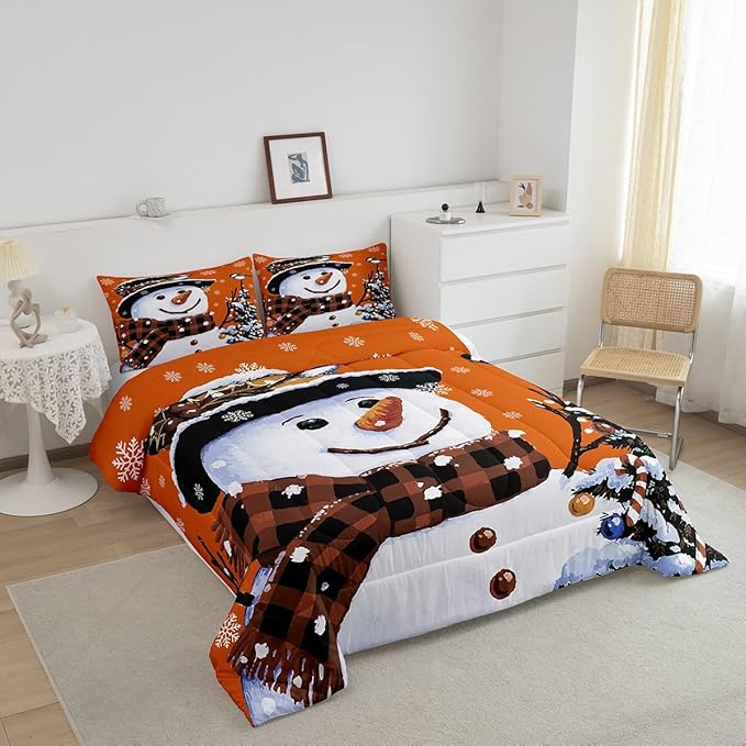 Feelyou Kids Christmas Theme Decorations Bedding Set Xmas Snowman Comforter Set for Boys Girls Snowflake Kawaii Cute Comforter Pumpkin Orange Quilt Set Bedroom Collection Queen Size
