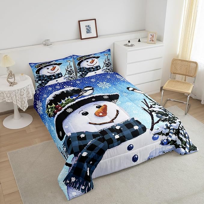 Feelyou Kids Christmas Theme Decorations Bedding Set Xmas Snowman Comforter Set for Boys Girls Snowflake Kawaii Cute Comforter Gradient Blue Quilt Set Bedroom Collection Toddler Size