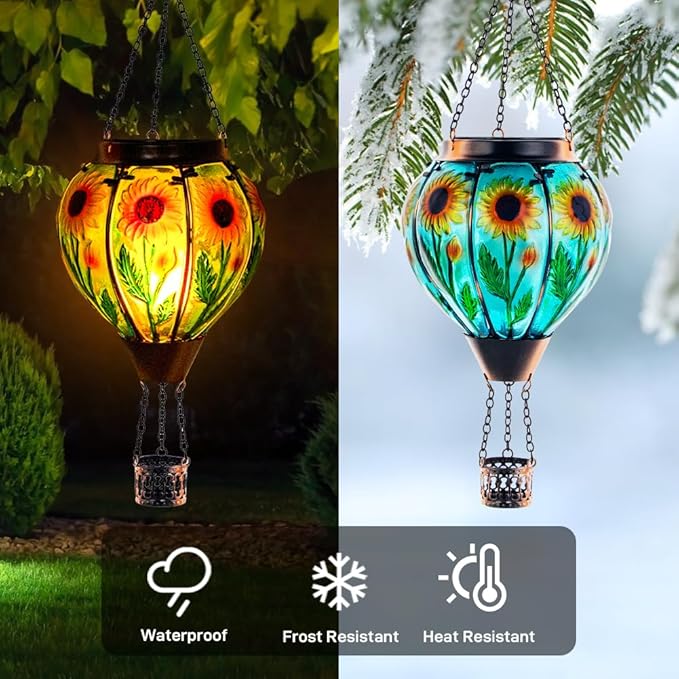 Starsoul Sunflower Hot Air Balloon Solar Lantern Glass Outdoor Hot Air Balloon Solar Flickering Flame Light Waterproof Hanging Lamp Garden Patio Yard Party Decor