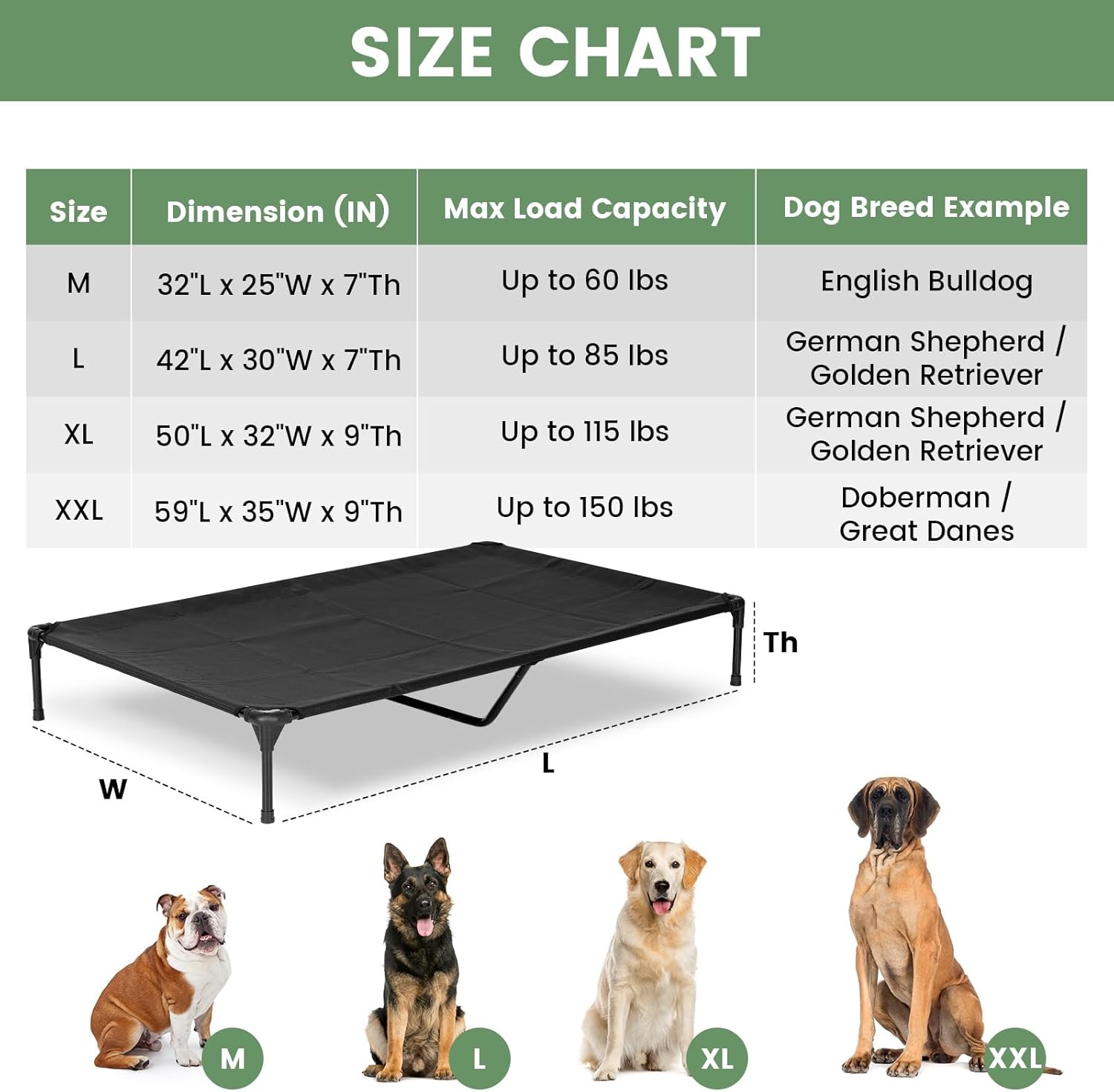 Elevated Dog Bed for Outdoor, Large Raised Dog Cot with Washable Mesh, Cooling Pet Cot Chew Proof for Outside Camping, 42"x30" Black
