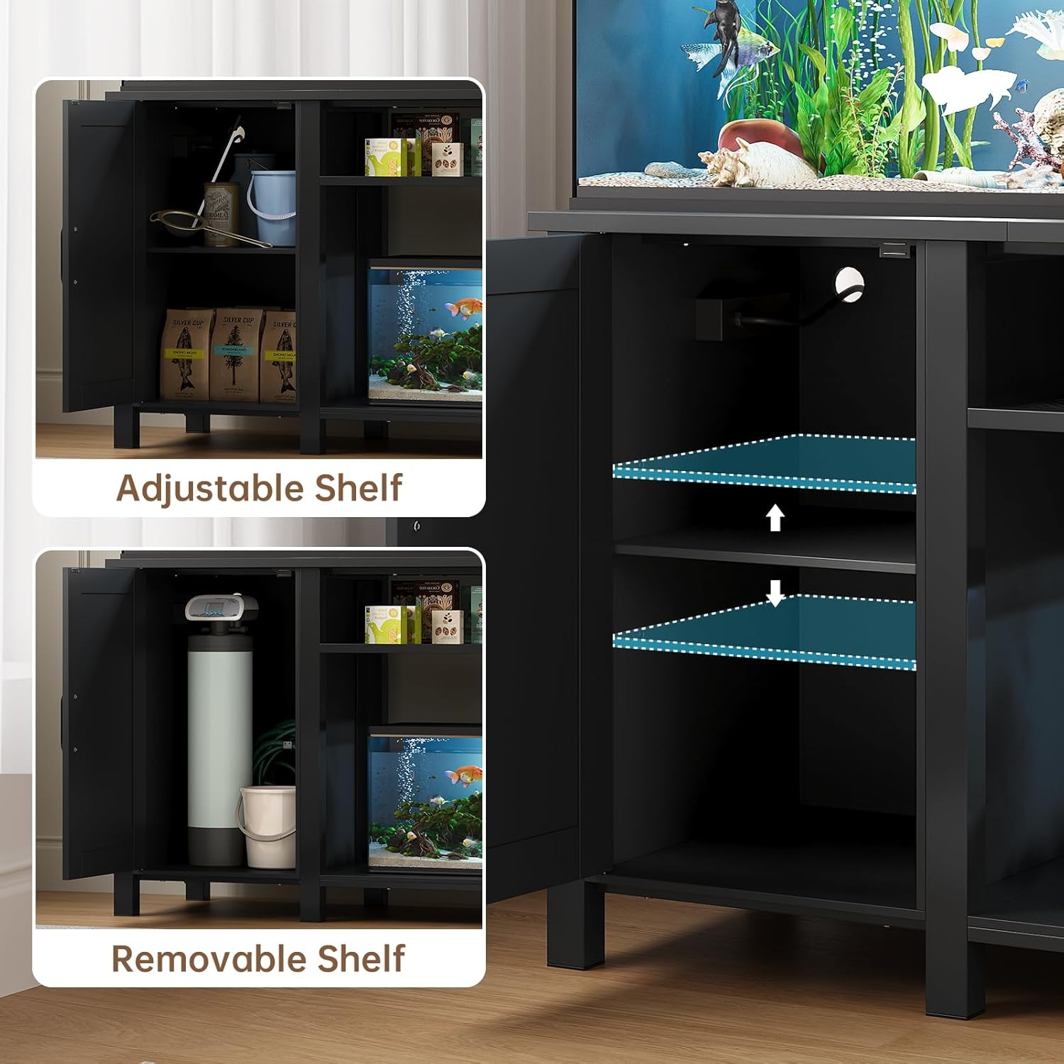 Aquarium Stand with Power Outlets, 55-75 Gallon Heavy Duty Fish Tank Stand with Cabinet Storage & Adjustable Shelf, for Fish Tank, Turtle Tank, Reptile Terrarium, 1000LBS Capacity, Black