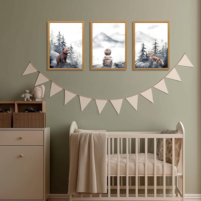 kilamino Neutral Woodland Wild Animal Wall Art, Cute Bear Fox Nursery Wall Decor, Adventure Boy Poster Prints, Vintage Forest Animal Canvas Paintings for Baby Room Playroom Wood Framed 12"x16"x3